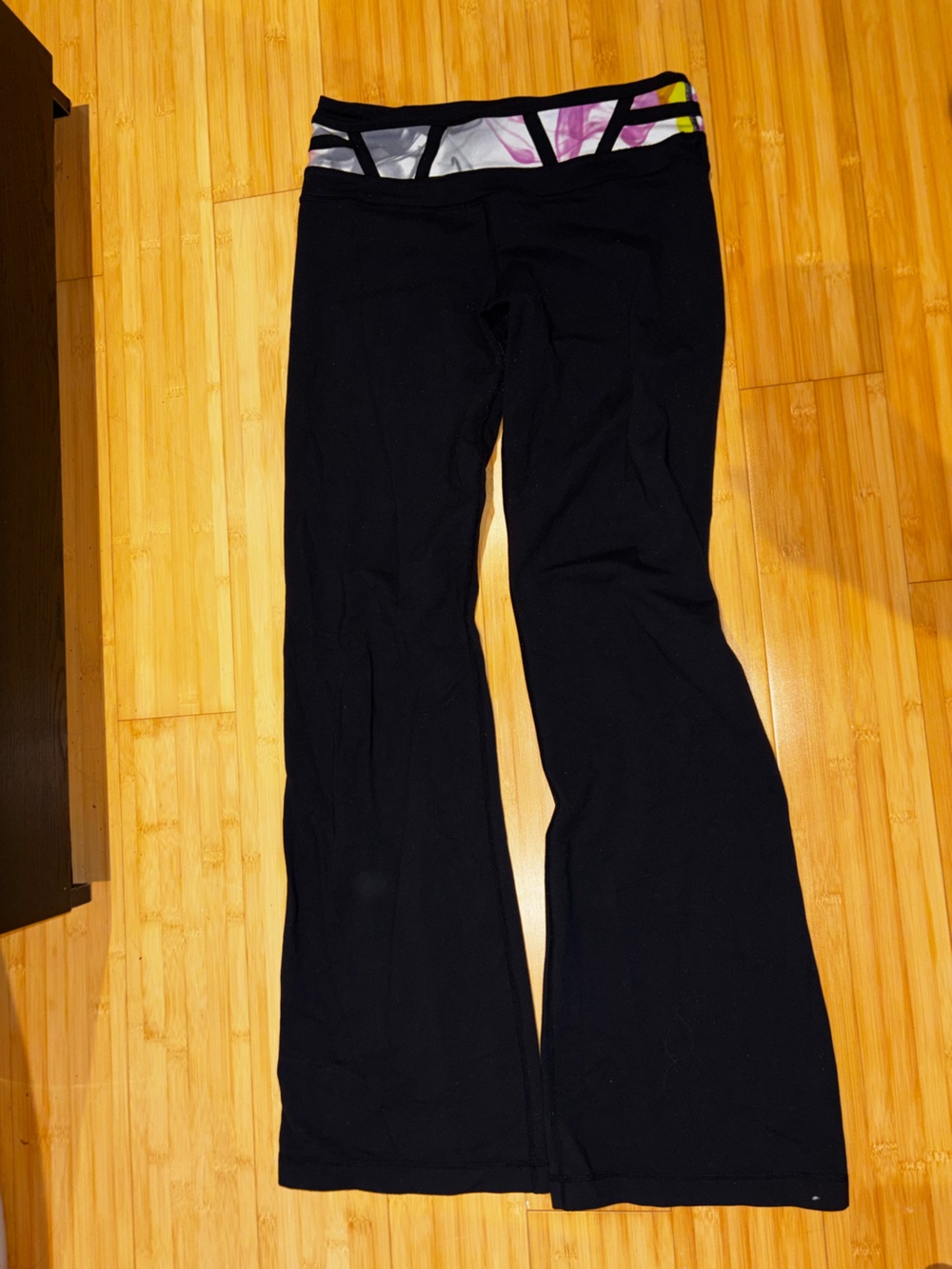 Lululemon Black Wide-Leg Yoga Pants with Floral Waistband